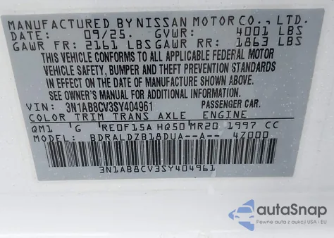 2025 Nissan Sentra Sv from USA, damaged, VIN 3N1AB8CVESY404961